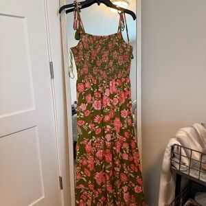 Patrons of Peace Olive Green Maxi Dress with Pink Floral Detail